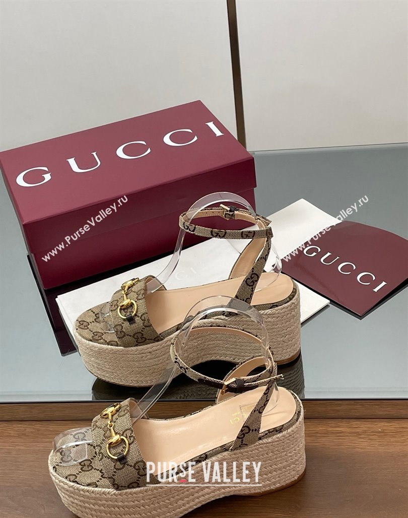 Gucci GG Canvas Platform Espadrille Sandals 8cm with Horsebit Beige 2025 ‎816692 (MD-250423116)
