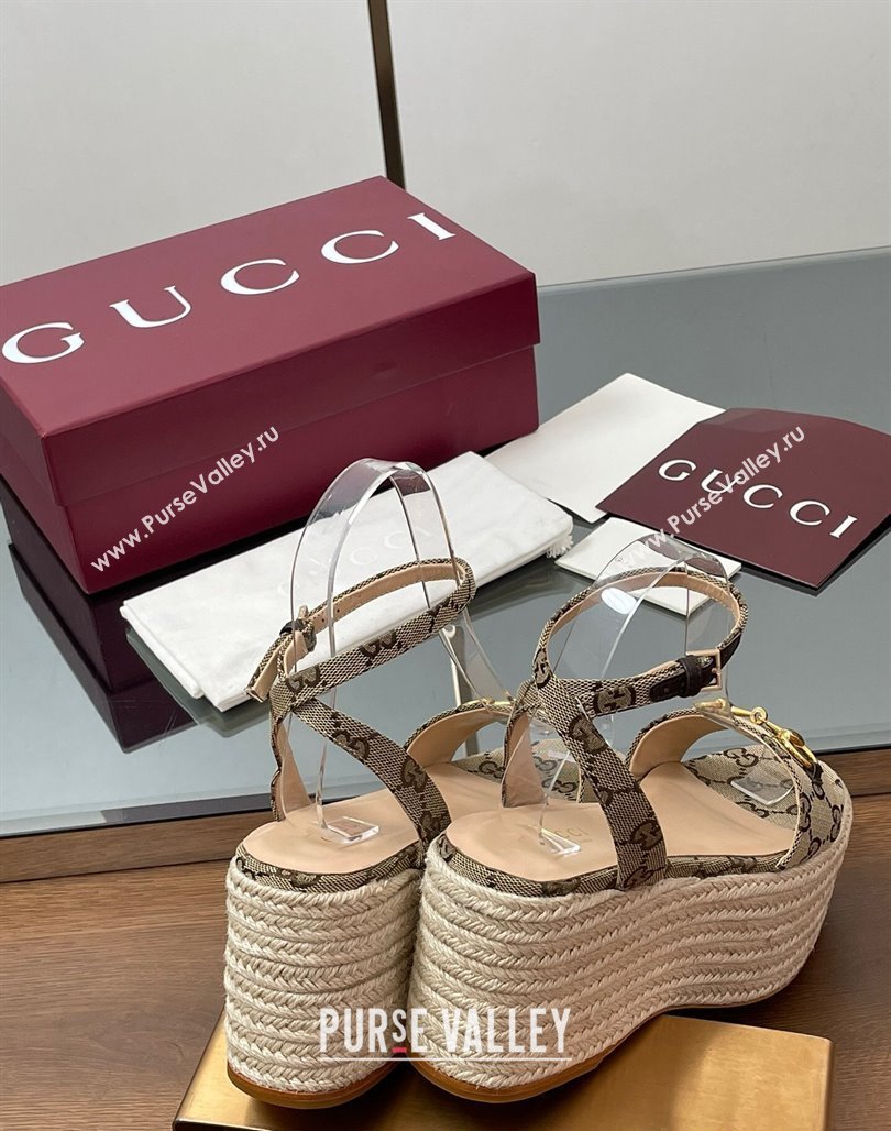 Gucci GG Canvas Platform Espadrille Sandals 8cm with Horsebit Beige 2025 ‎816692 (MD-250423116)