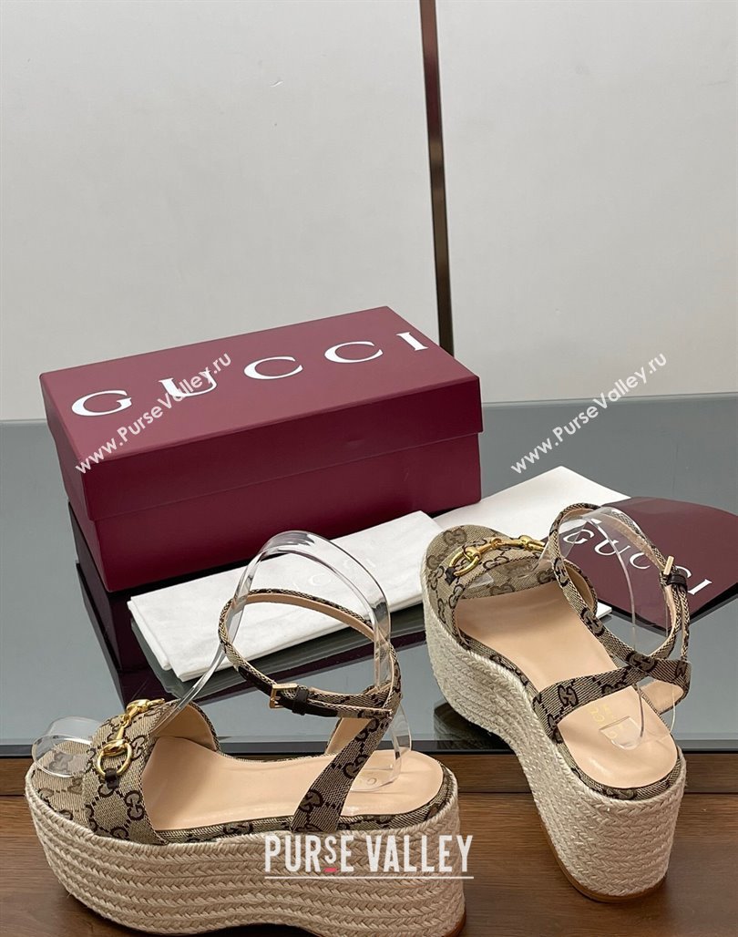 Gucci GG Canvas Platform Espadrille Sandals 8cm with Horsebit Beige 2025 ‎816692 (MD-250423116)
