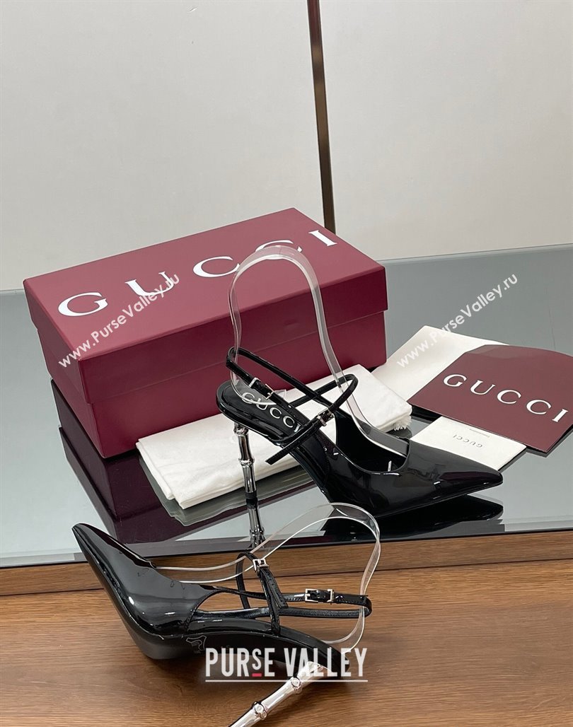 Gucci Patent Leather Slingback Pump 9.5cm with Bamboo-Effect Heel Black 2025 812998 (MD-250423005)