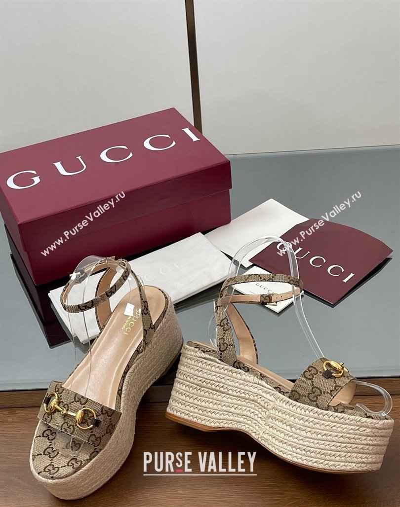 Gucci GG Canvas Platform Espadrille Sandals 8cm with Horsebit Beige 2025 ‎816692 (MD-250423116)