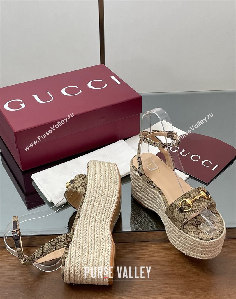 Gucci GG Canvas Platform Espadrille Sandals 8cm with Horsebit Beige 2025 ‎816692 (MD-250423116)