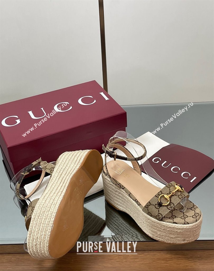 Gucci GG Canvas Platform Espadrille Sandals 8cm with Horsebit Beige 2025 ‎816692 (MD-250423116)