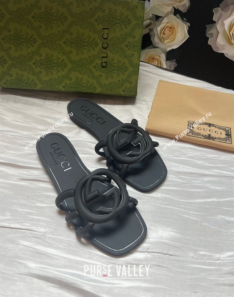 Gucci Rubber Interlocking G Flat Slides Sandal Black 2025 780307 (MD-250423055)