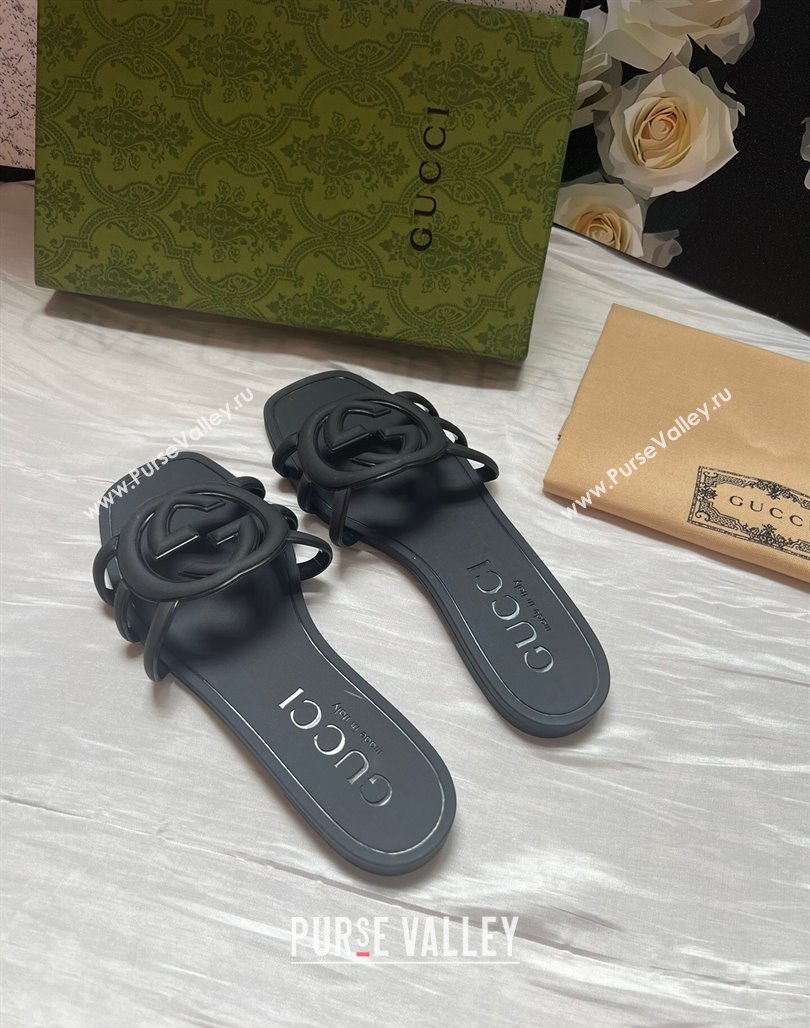 Gucci Rubber Interlocking G Flat Slides Sandal Black 2025 780307 (MD-250423055)