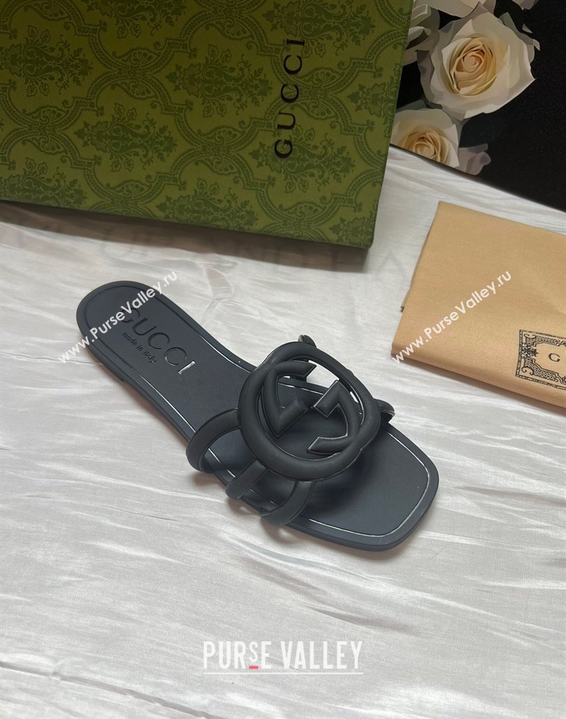 Gucci Rubber Interlocking G Flat Slides Sandal Black 2025 780307 (MD-250423055)