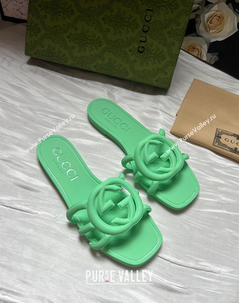 Gucci Rubber Interlocking G Flat Slides Sandal Green 2025 780307 (MD-250423060)