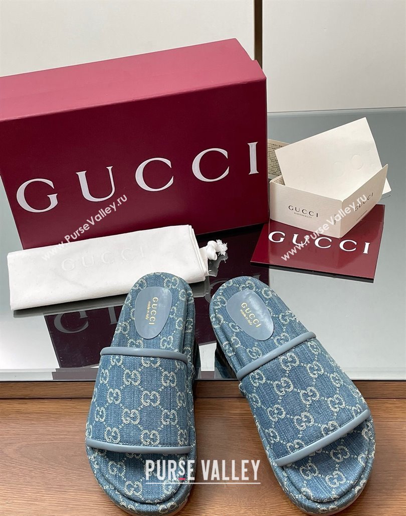 Gucci GG Denim Platform Slides Sandal Blue 2025 816797 (MD-250423072)