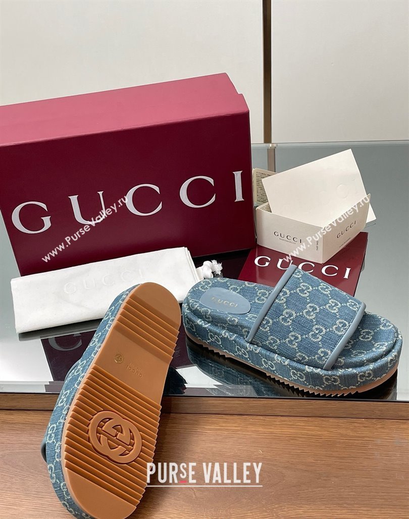 Gucci GG Denim Platform Slides Sandal Blue 2025 816797 (MD-250423072)