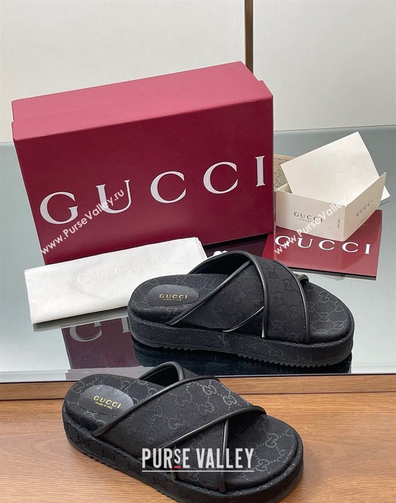Gucci Original GG Canvas Platform Slides Sandal with Cross Strap Black 2025 816798 (MD-250423079)