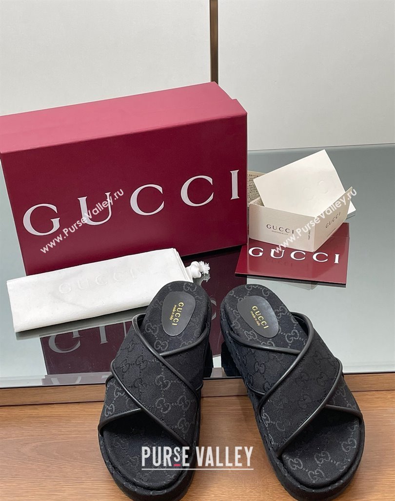 Gucci Original GG Canvas Platform Slides Sandal with Cross Strap Black 2025 816798 (MD-250423079)