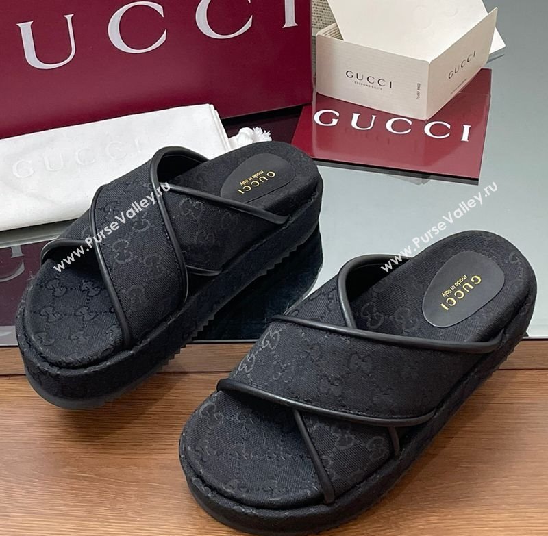 Gucci Original GG Canvas Platform Slides Sandal with Cross Strap Black 2025 816798 (MD-250423079)