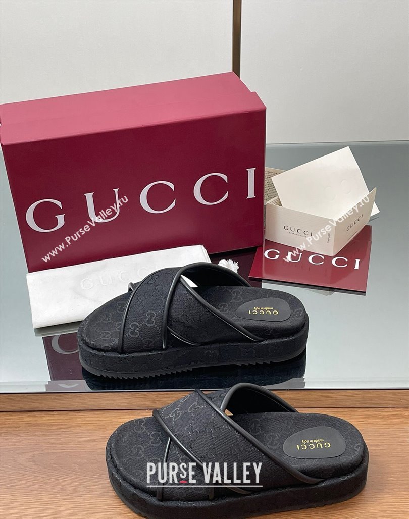 Gucci Original GG Canvas Platform Slides Sandal with Cross Strap Black 2025 816798 (MD-250423079)