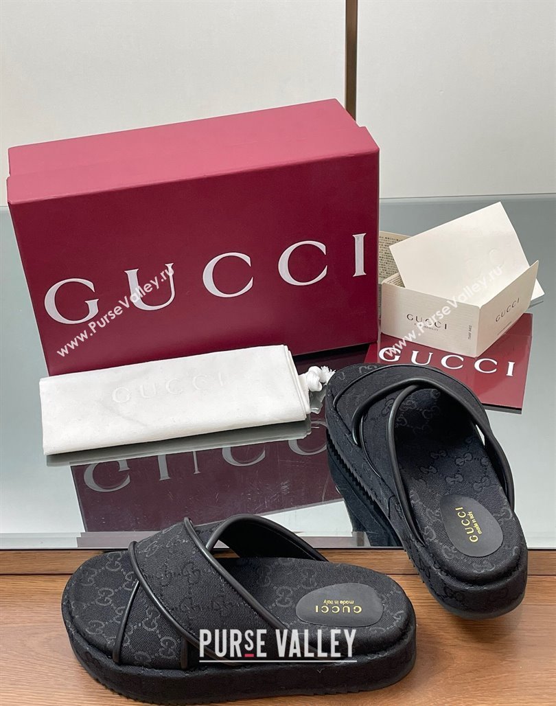 Gucci Original GG Canvas Platform Slides Sandal with Cross Strap Black 2025 816798 (MD-250423079)