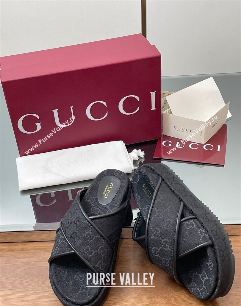 Gucci Original GG Canvas Platform Slides Sandal with Cross Strap Black 2025 816798 (MD-250423079)
