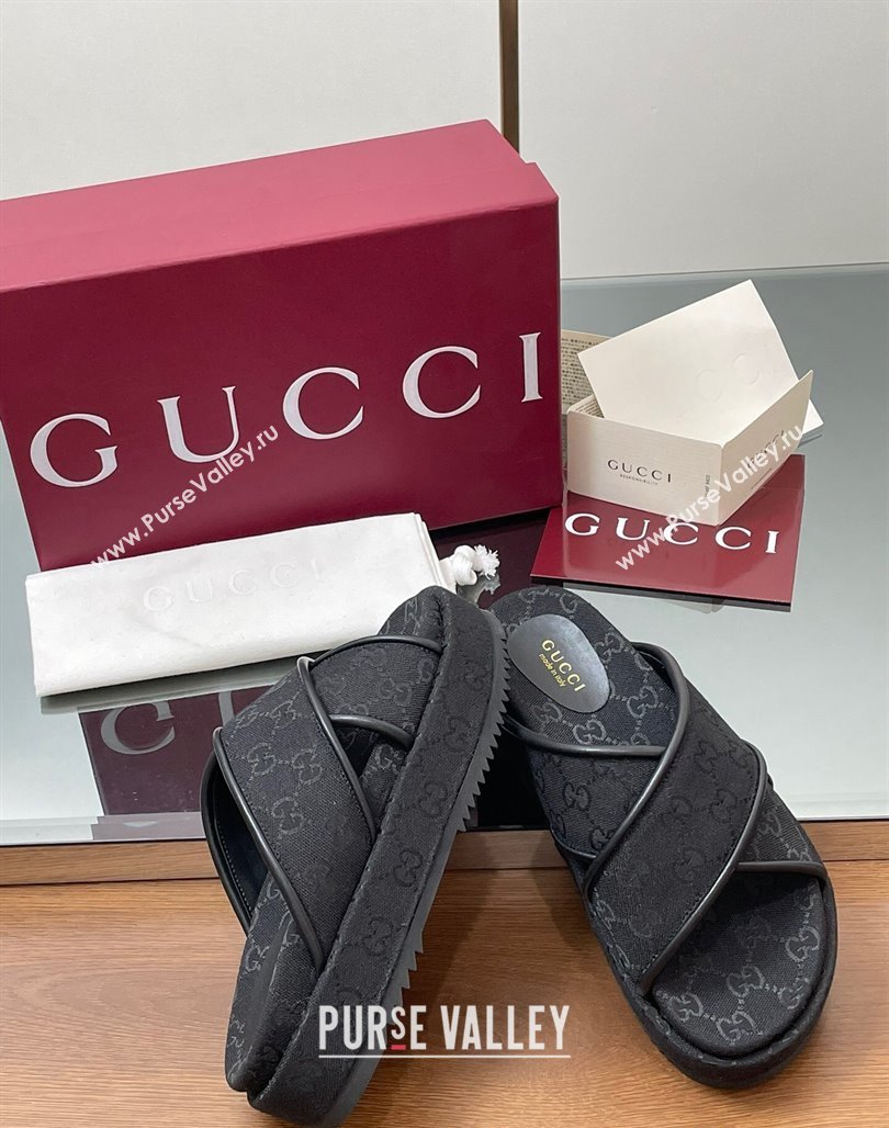Gucci Original GG Canvas Platform Slides Sandal with Cross Strap Black 2025 816798 (MD-250423079)