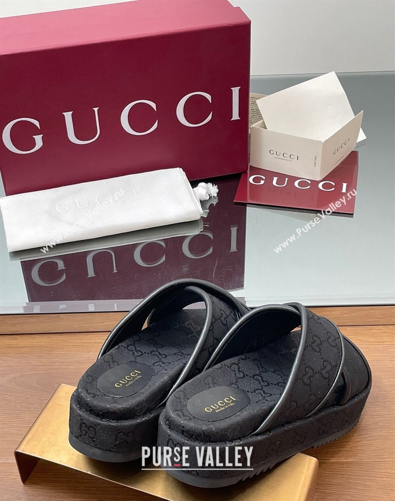Gucci Original GG Canvas Platform Slides Sandal with Cross Strap Black 2025 816798 (MD-250423079)
