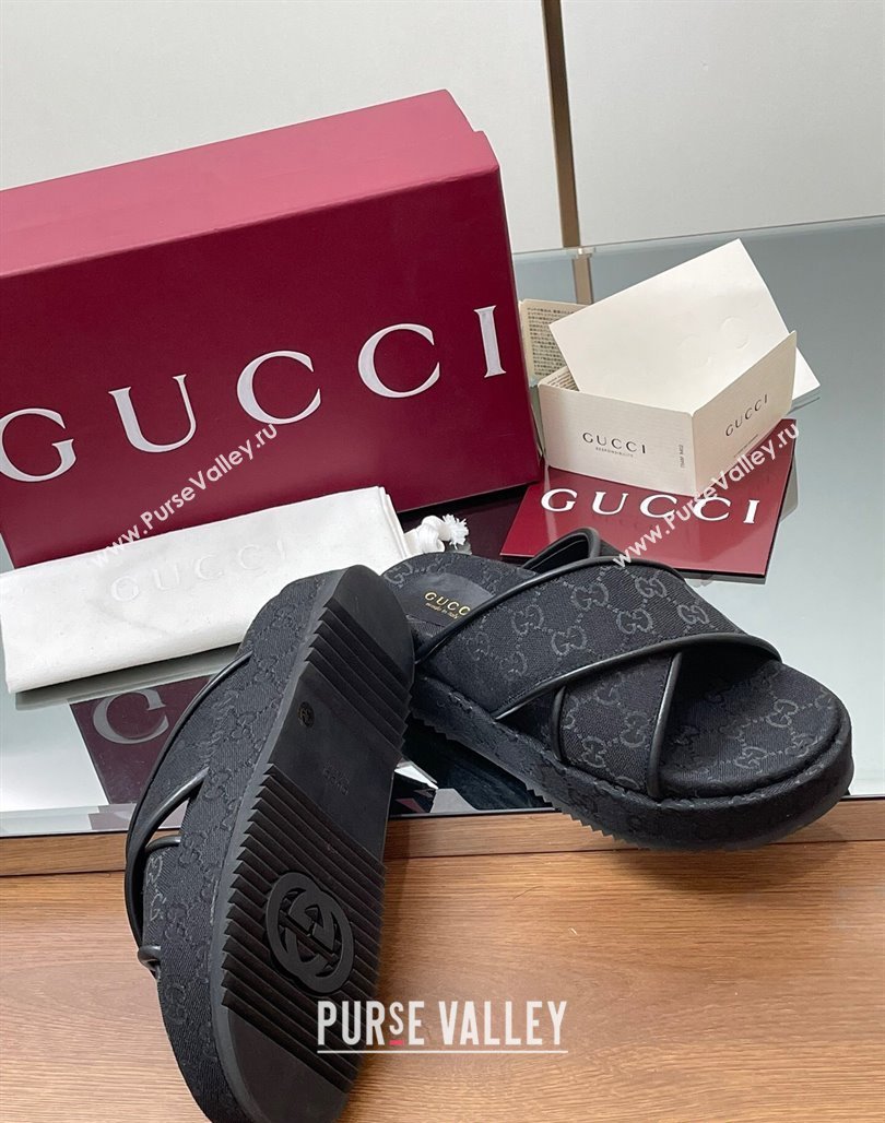 Gucci Original GG Canvas Platform Slides Sandal with Cross Strap Black 2025 816798 (MD-250423079)