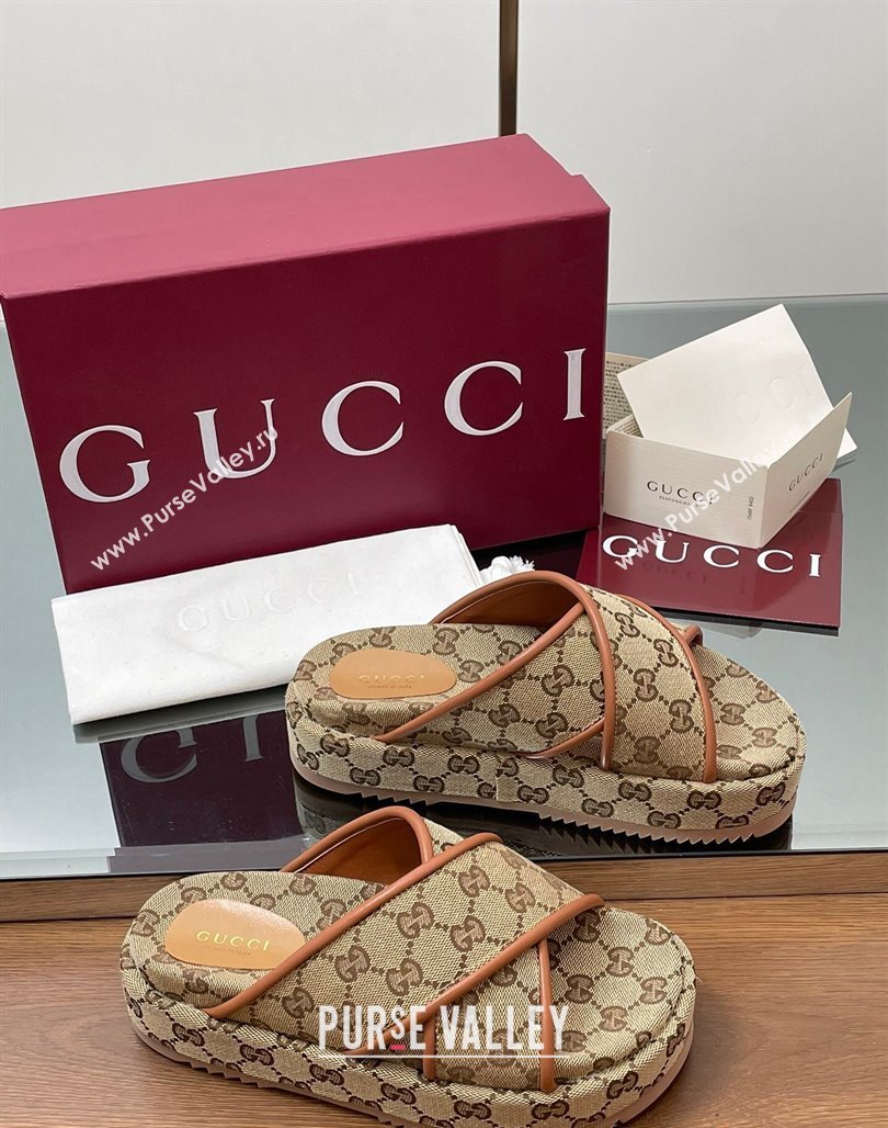 Gucci Original GG Canvas Platform Slides Sandal with Cross Strap Beige 2025 816798 (MD-250423080)