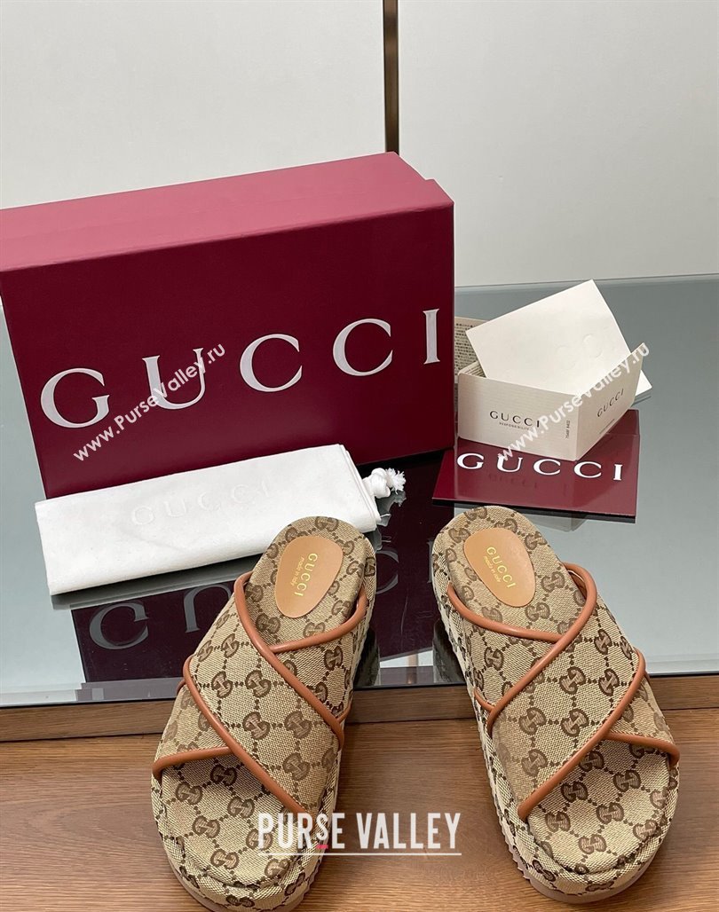 Gucci Original GG Canvas Platform Slides Sandal with Cross Strap Beige 2025 816798 (MD-250423080)