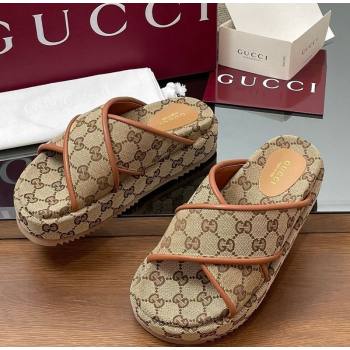 Gucci Original GG Canvas Platform Slides Sandal with Cross Strap Beige 2025 816798 (MD-250423080)