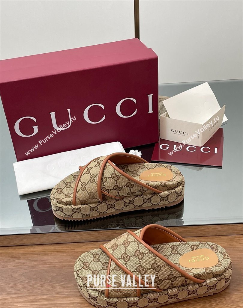 Gucci Original GG Canvas Platform Slides Sandal with Cross Strap Beige 2025 816798 (MD-250423080)