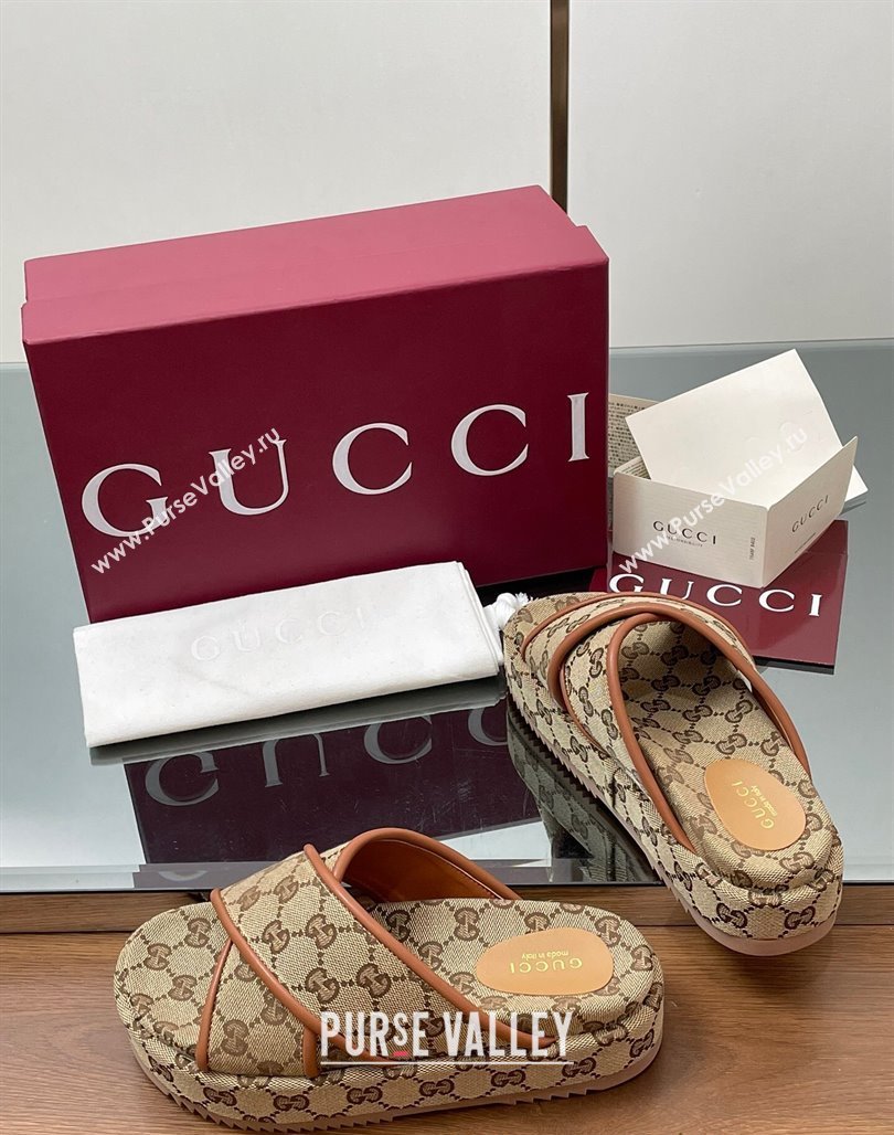 Gucci Original GG Canvas Platform Slides Sandal with Cross Strap Beige 2025 816798 (MD-250423080)