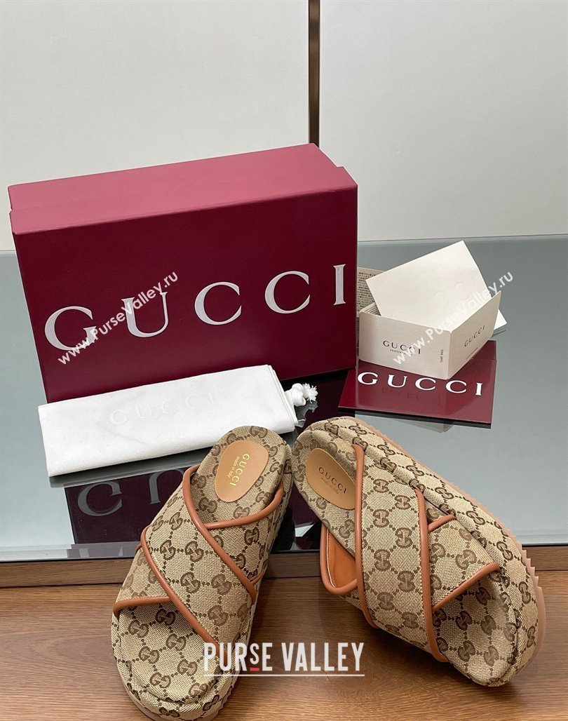 Gucci Original GG Canvas Platform Slides Sandal with Cross Strap Beige 2025 816798 (MD-250423080)