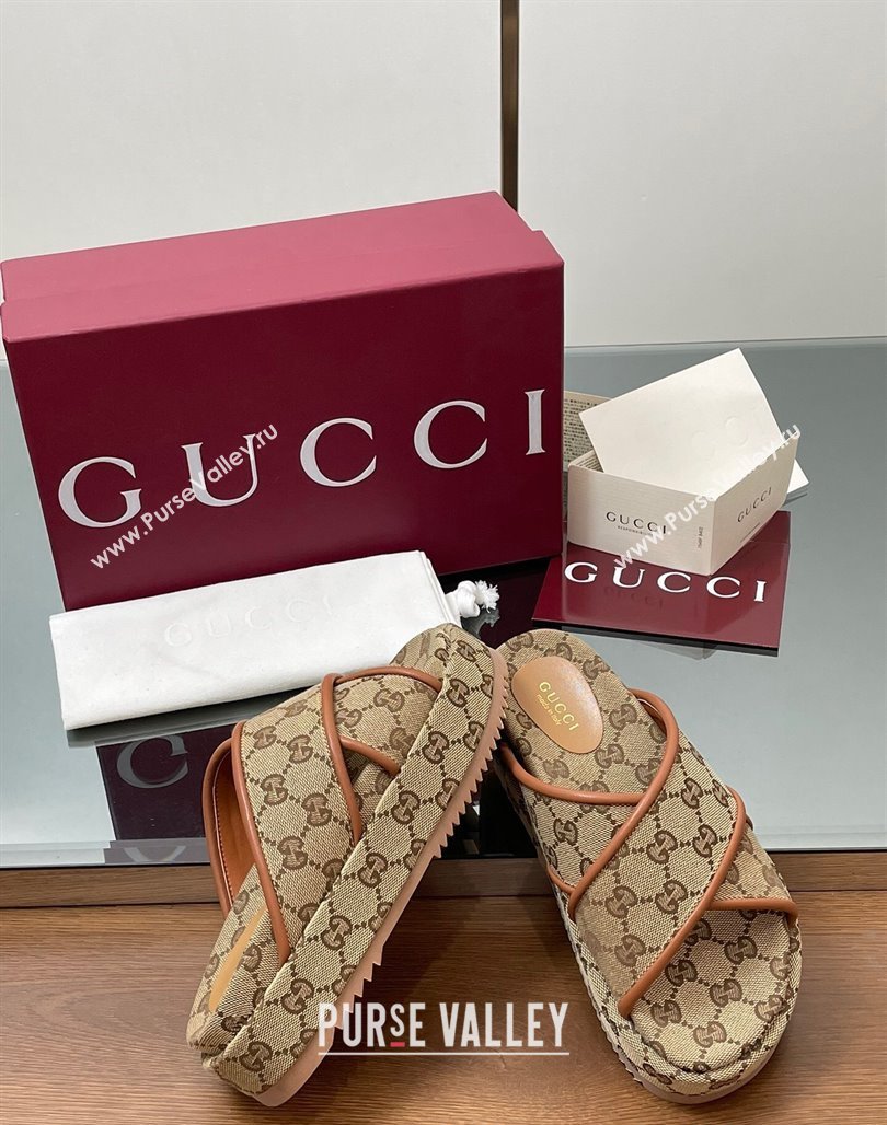 Gucci Original GG Canvas Platform Slides Sandal with Cross Strap Beige 2025 816798 (MD-250423080)