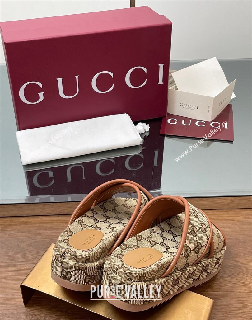 Gucci Original GG Canvas Platform Slides Sandal with Cross Strap Beige 2025 816798 (MD-250423080)
