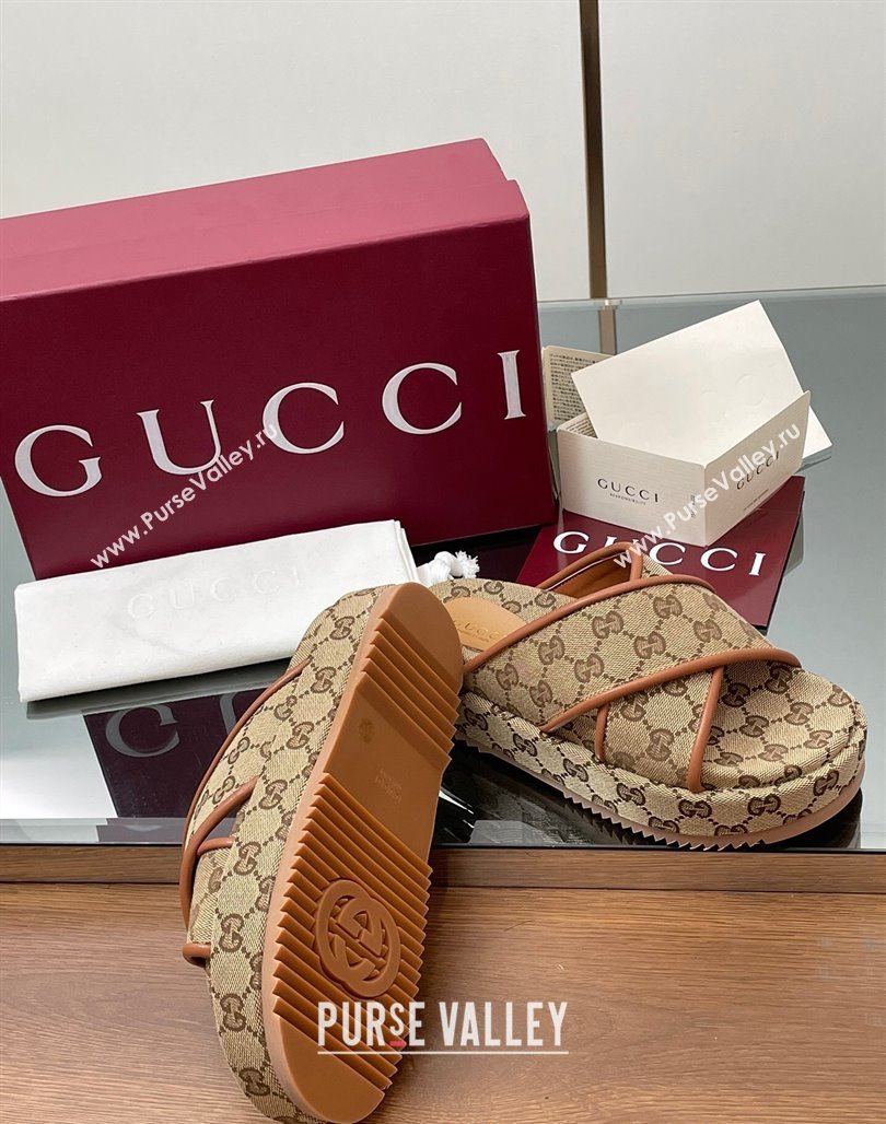 Gucci Original GG Canvas Platform Slides Sandal with Cross Strap Beige 2025 816798 (MD-250423080)