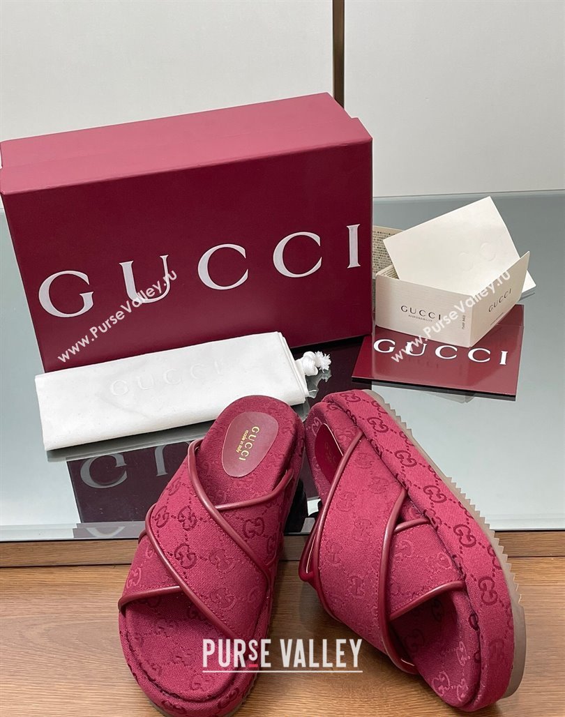 Gucci Original GG Canvas Platform Slides Sandal with Cross Strap Red 2025 816798 (MD-250423081)