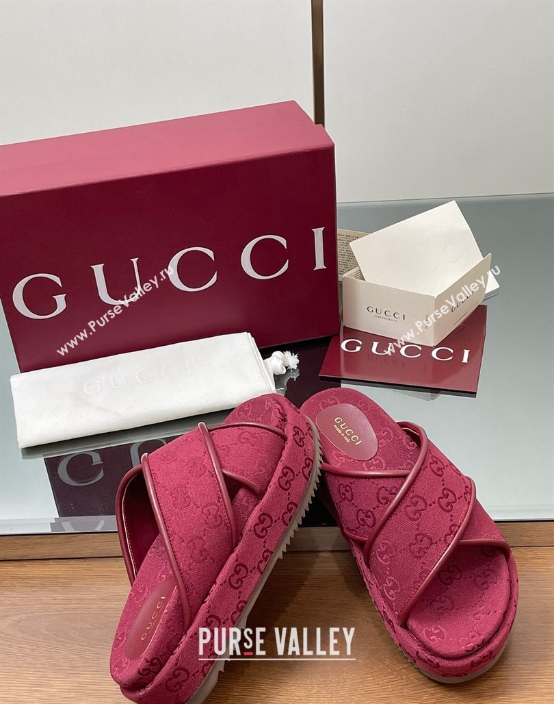 Gucci Original GG Canvas Platform Slides Sandal with Cross Strap Red 2025 816798 (MD-250423081)