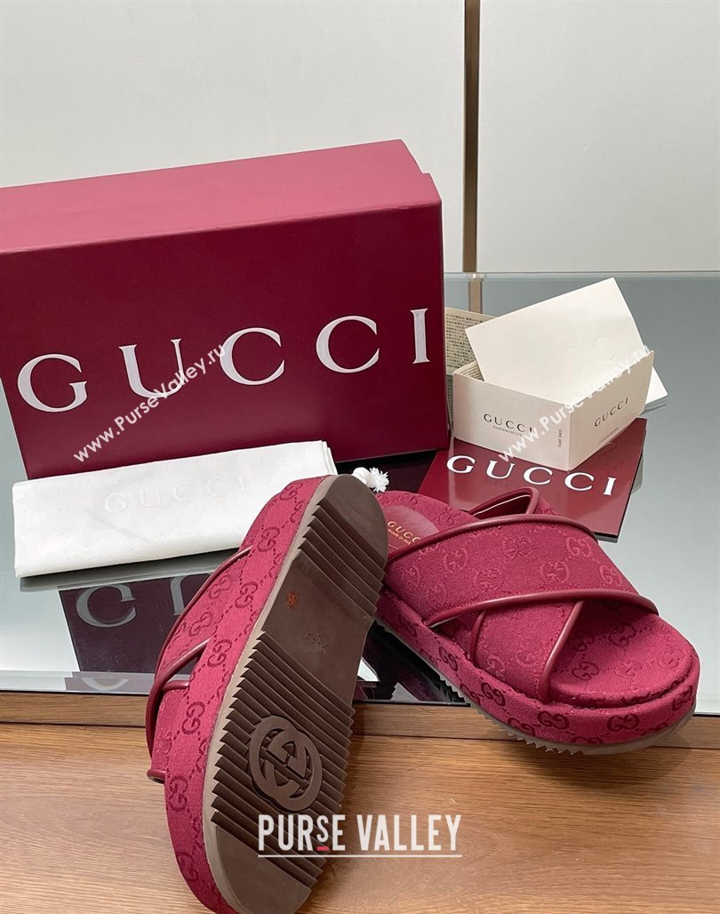 Gucci Original GG Canvas Platform Slides Sandal with Cross Strap Red 2025 816798 (MD-250423081)