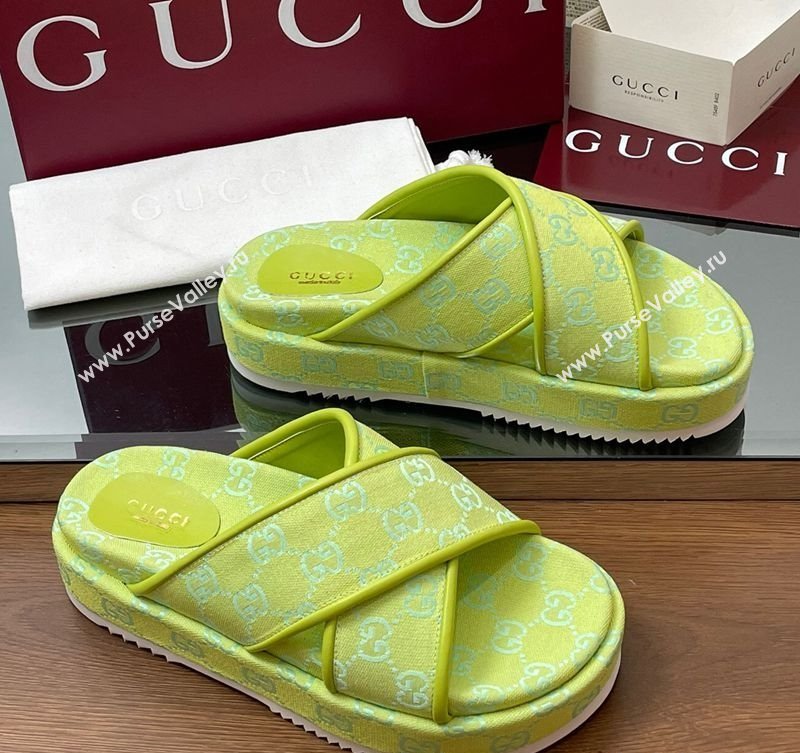 Gucci Original GG Canvas Platform Slides Sandal with Cross Strap Neon Green 2025 816798 (MD-250423082)