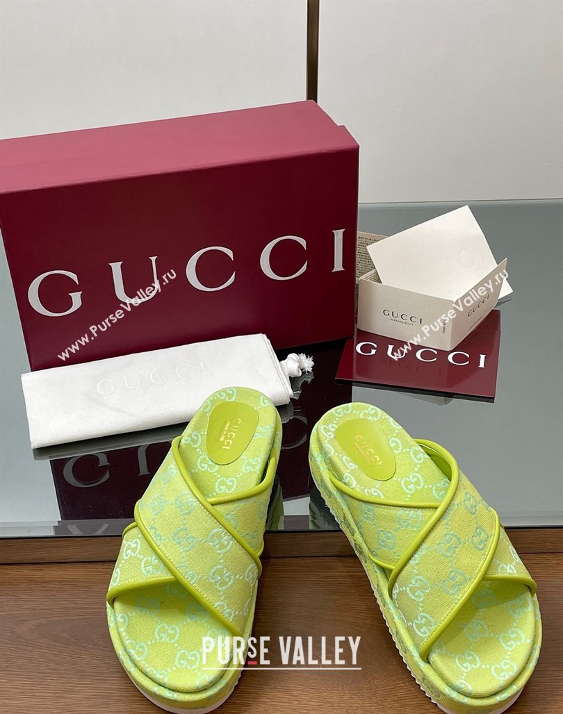 Gucci Original GG Canvas Platform Slides Sandal with Cross Strap Neon Green 2025 816798 (MD-250423082)