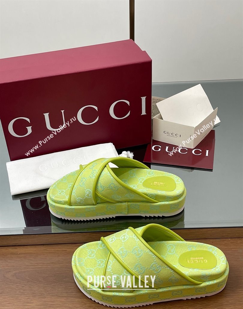 Gucci Original GG Canvas Platform Slides Sandal with Cross Strap Neon Green 2025 816798 (MD-250423082)