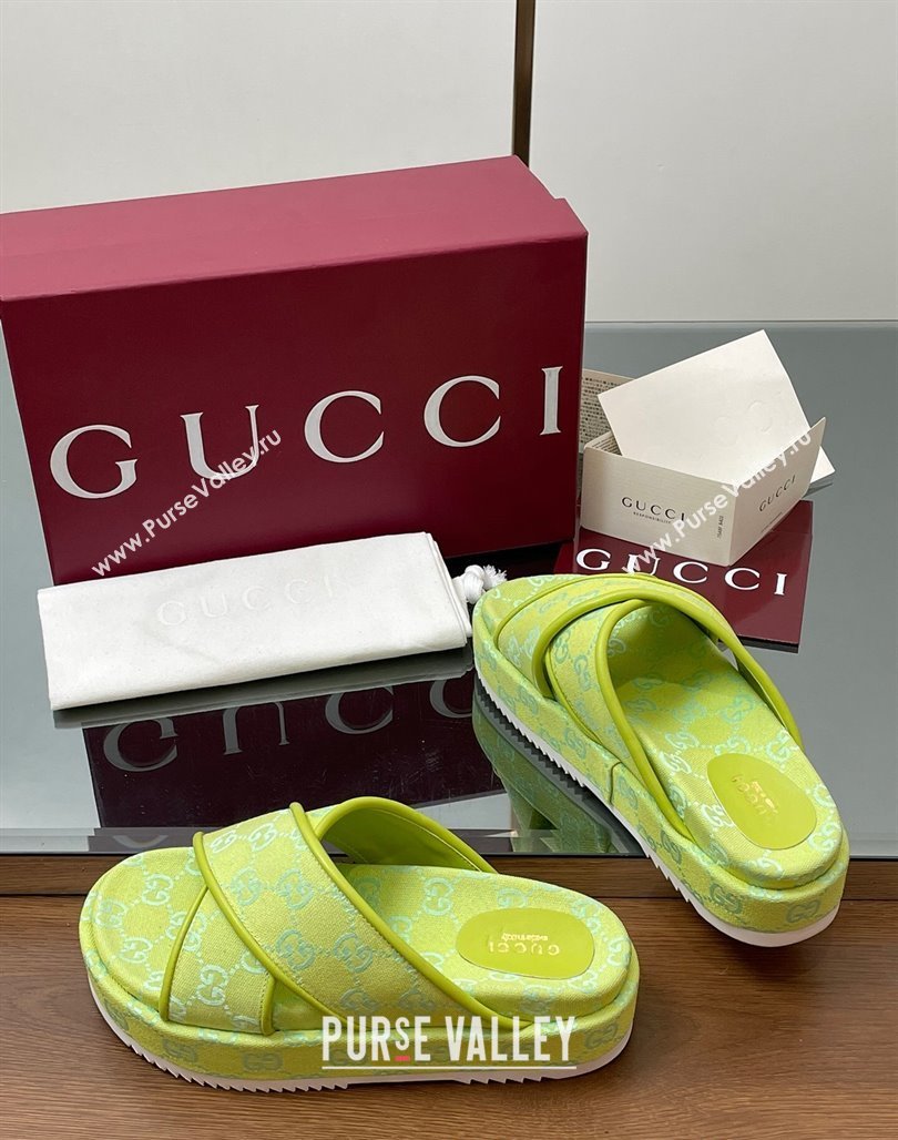 Gucci Original GG Canvas Platform Slides Sandal with Cross Strap Neon Green 2025 816798 (MD-250423082)