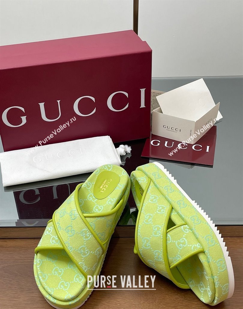 Gucci Original GG Canvas Platform Slides Sandal with Cross Strap Neon Green 2025 816798 (MD-250423082)