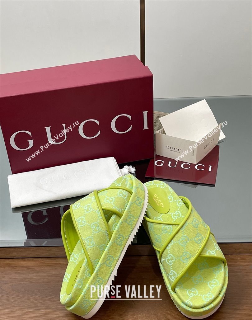 Gucci Original GG Canvas Platform Slides Sandal with Cross Strap Neon Green 2025 816798 (MD-250423082)