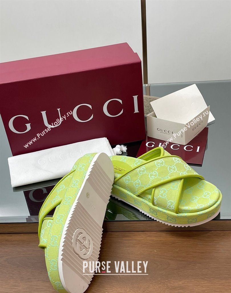 Gucci Original GG Canvas Platform Slides Sandal with Cross Strap Neon Green 2025 816798 (MD-250423082)