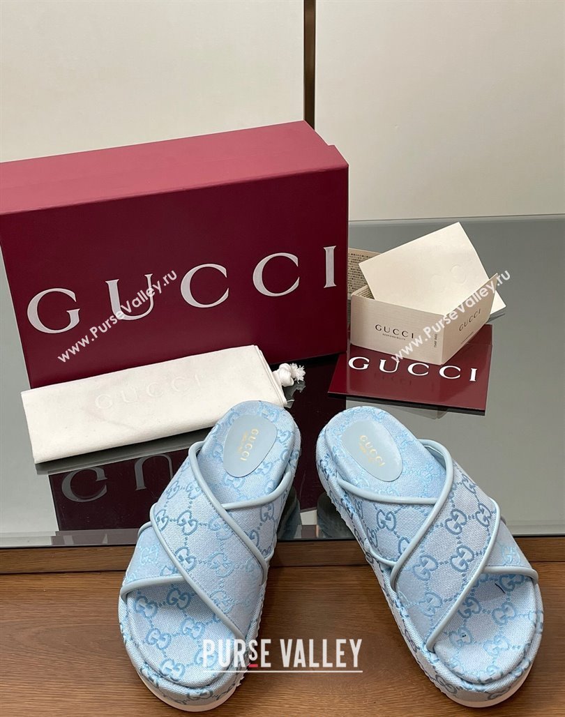 Gucci Original GG Canvas Platform Slides Sandal with Cross Strap Light Blue 2025 816798 (MD-250423083)