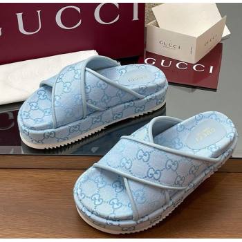 Gucci Original GG Canvas Platform Slides Sandal with Cross Strap Light Blue 2025 816798 (MD-250423083)