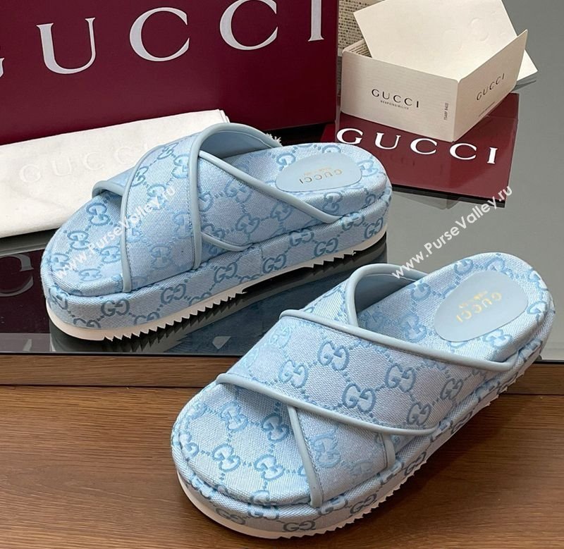 Gucci Original GG Canvas Platform Slides Sandal with Cross Strap Light Blue 2025 816798 (MD-250423083)
