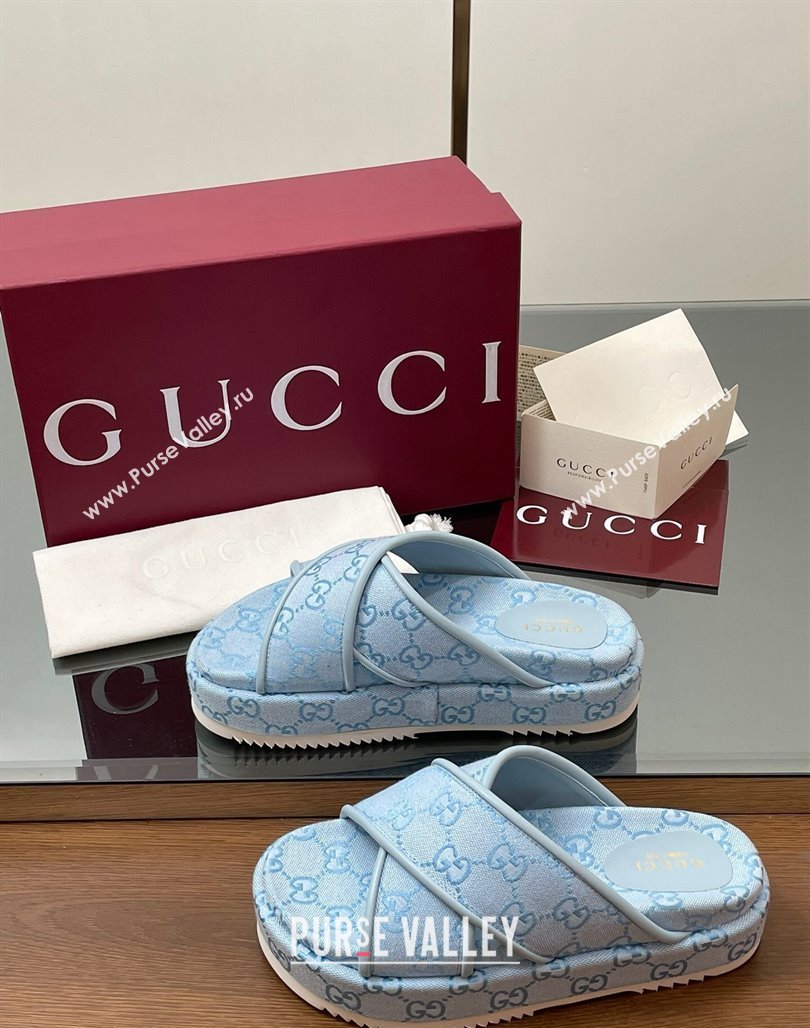 Gucci Original GG Canvas Platform Slides Sandal with Cross Strap Light Blue 2025 816798 (MD-250423083)