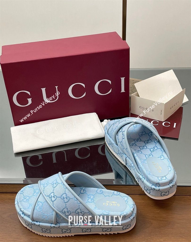 Gucci Original GG Canvas Platform Slides Sandal with Cross Strap Light Blue 2025 816798 (MD-250423083)