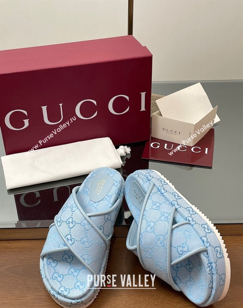 Gucci Original GG Canvas Platform Slides Sandal with Cross Strap Light Blue 2025 816798 (MD-250423083)