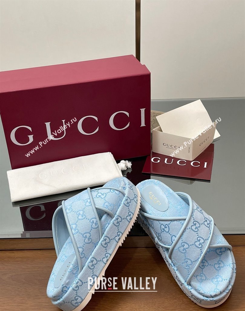 Gucci Original GG Canvas Platform Slides Sandal with Cross Strap Light Blue 2025 816798 (MD-250423083)