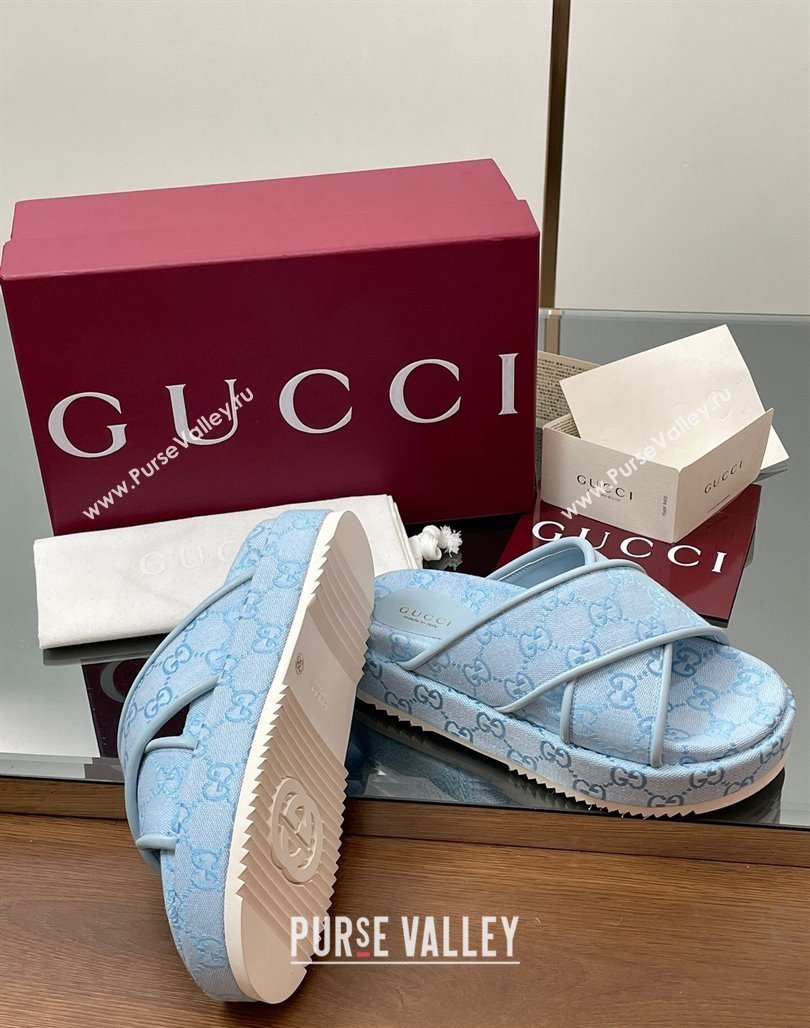 Gucci Original GG Canvas Platform Slides Sandal with Cross Strap Light Blue 2025 816798 (MD-250423083)