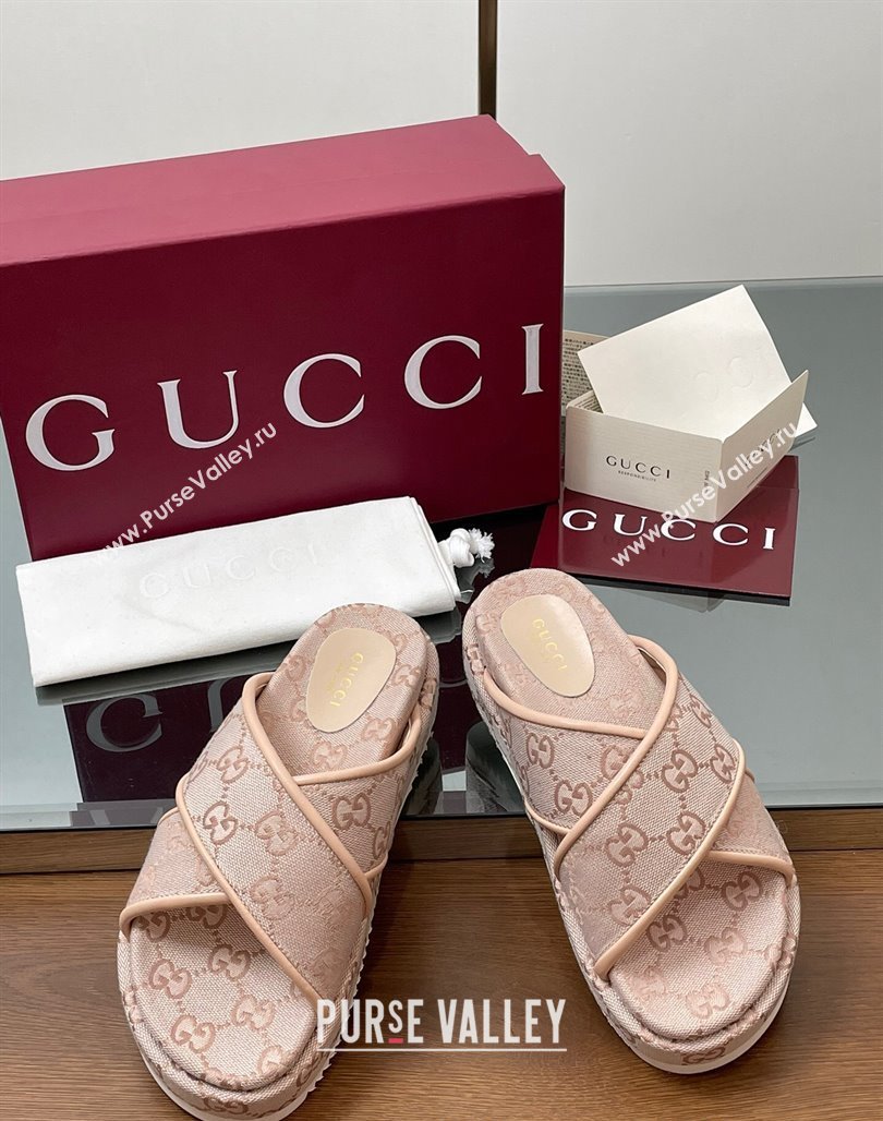 Gucci Original GG Canvas Platform Slides Sandal with Cross Strap Light Pink 2025 816798 (MD-250423084)